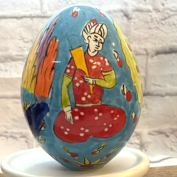 Hand-Painted Turkish Ceramic Pottery Egg Istanbul Grand Bazaar Blue Folk Art VTG - Picture 8 of 13